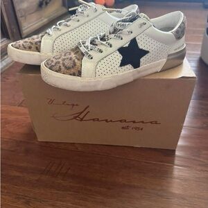 Vintage Havana White and Leopard Sneakers with Black Star.